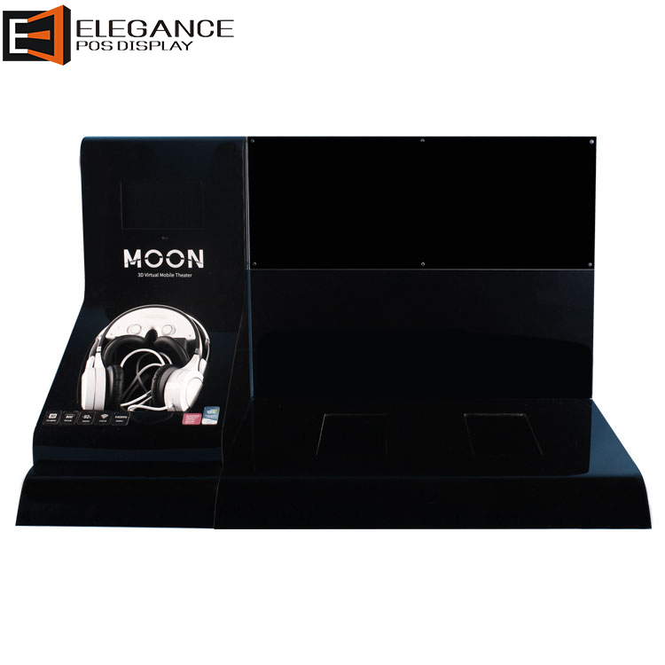 時尚柜臺黑色亞克力耳機展示架，帶7英寸液晶顯示屏